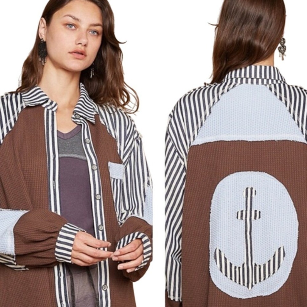 POL NWT Striped Waffle Knit Patchwork Button Up Shirt Anchor Graphic Women M
